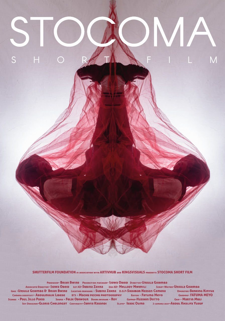 STOCOMA short film poster: a red veil suspended against a pale background, with credits beneath